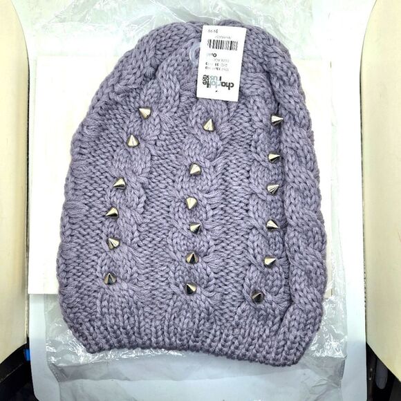 Charlotte Russe soft gray spike studded beanie hat knitted slouchy cap - Picture 1 of 8